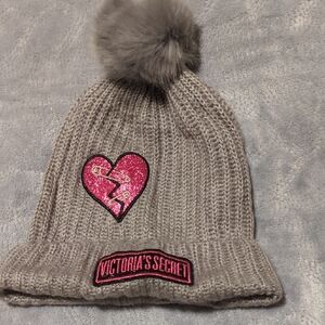 Victoria's Secret Pink and Gray Knit Hat with Pom-Pom